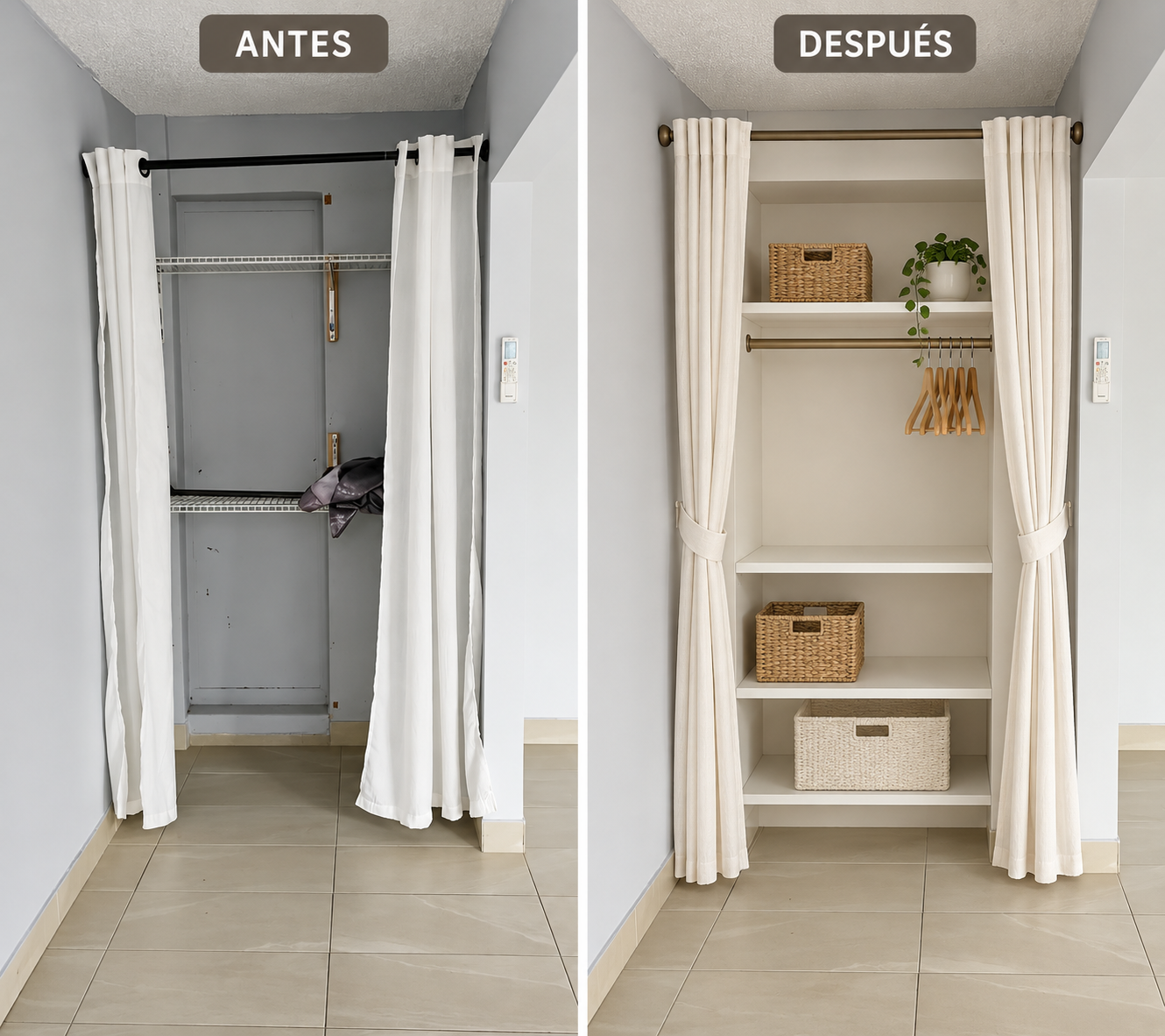 Before and after: refreshed shelving and organized storage highlight the closet's functionality.